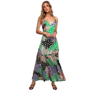 Lulu’s Bold Beauty Green Multicolored Floral Print Satin Maxi Dress Size Large